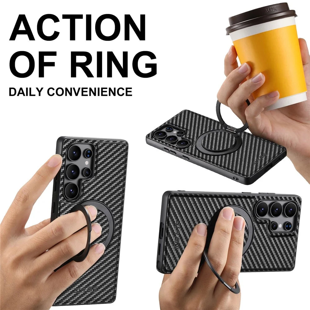 SUTENI G3 For Samsung Galaxy S22 Ultra 5G Magnetic Case Rotating Kickstand Carbon Fiber Texture Leather Phone Back Cover - 6