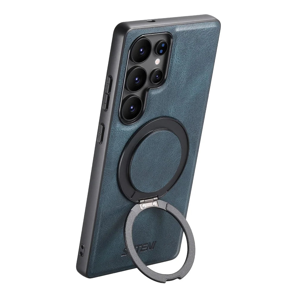 SUTENI G3 For Samsung Galaxy S23 Ultra Magnetic Case Waxy Texture 360° Rotating Kickstand Leather Phone Back Cover - Blue - 3