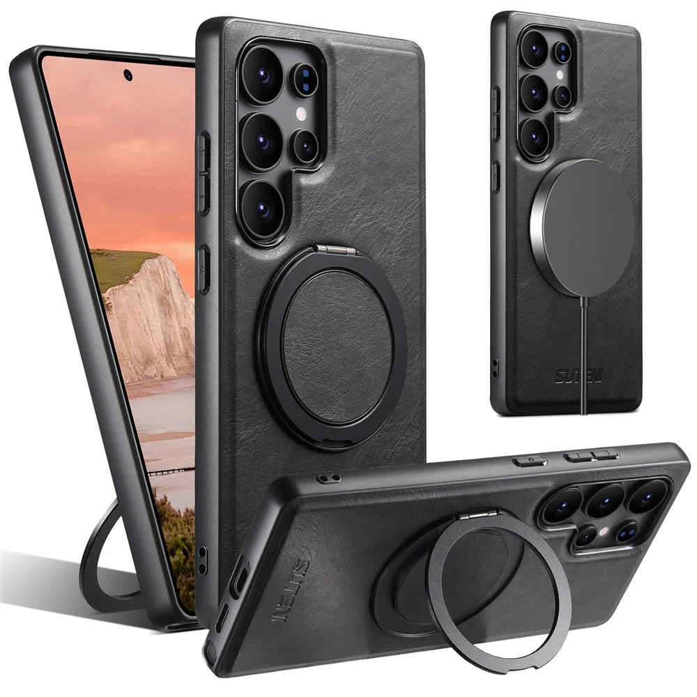 SUTENI G3 For Samsung Galaxy S24 Ultra Magnetic Case Waxy Texture 360° Rotating Kickstand Leather Phone Back Cover - Black - 1