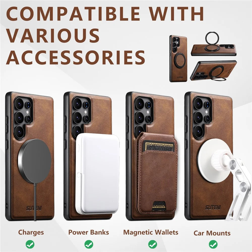 SUTENI G3 For Samsung Galaxy S25 Ultra Magnetic Case Waxy Texture Rotating Kickstand Leather Phone Back Cover - Brown - 7