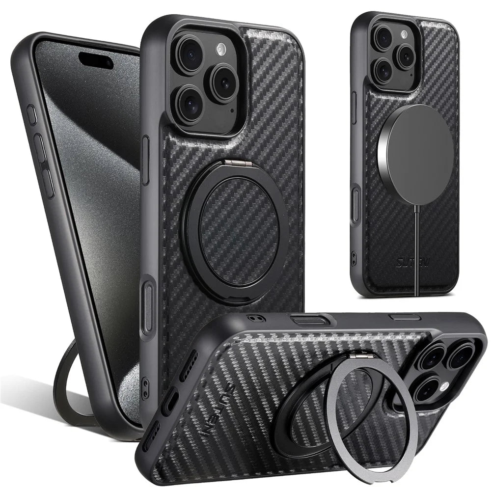 SUTENI G3 For iPhone 16 Pro Magnetic Case Rotating Kickstand Carbon Fiber Texture Leather Phone Back Cover - 1