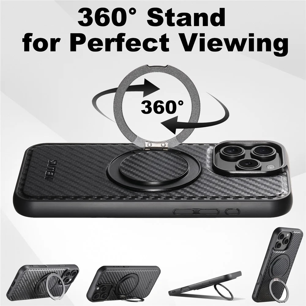 SUTENI G3 For iPhone 16 Pro Magnetic Case Rotating Kickstand Carbon Fiber Texture Leather Phone Back Cover - 7