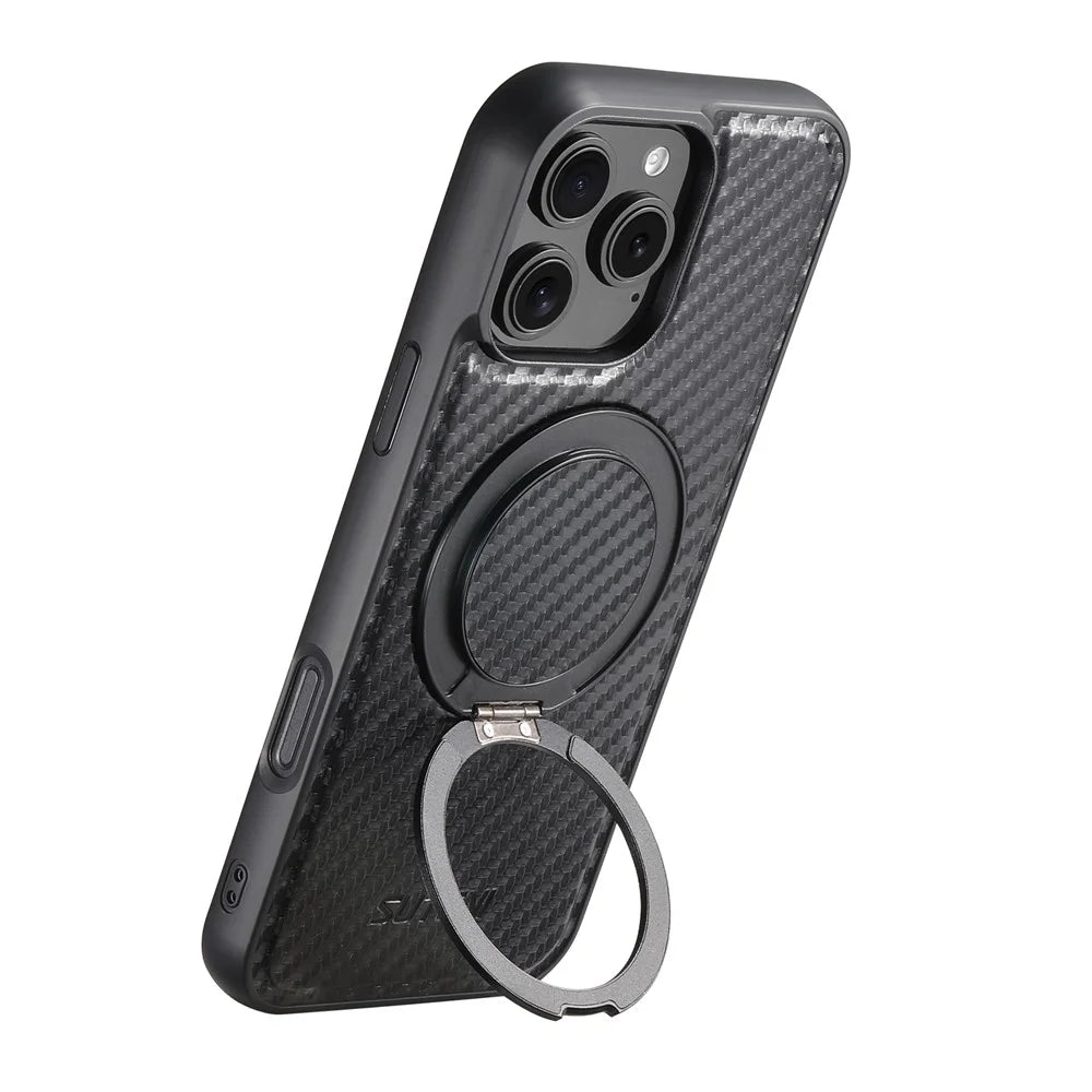 SUTENI G3 For iPhone 16 Pro Max Magnetic Case Rotating Kickstand Carbon Fiber Texture Leather Phone Back Cover - 3