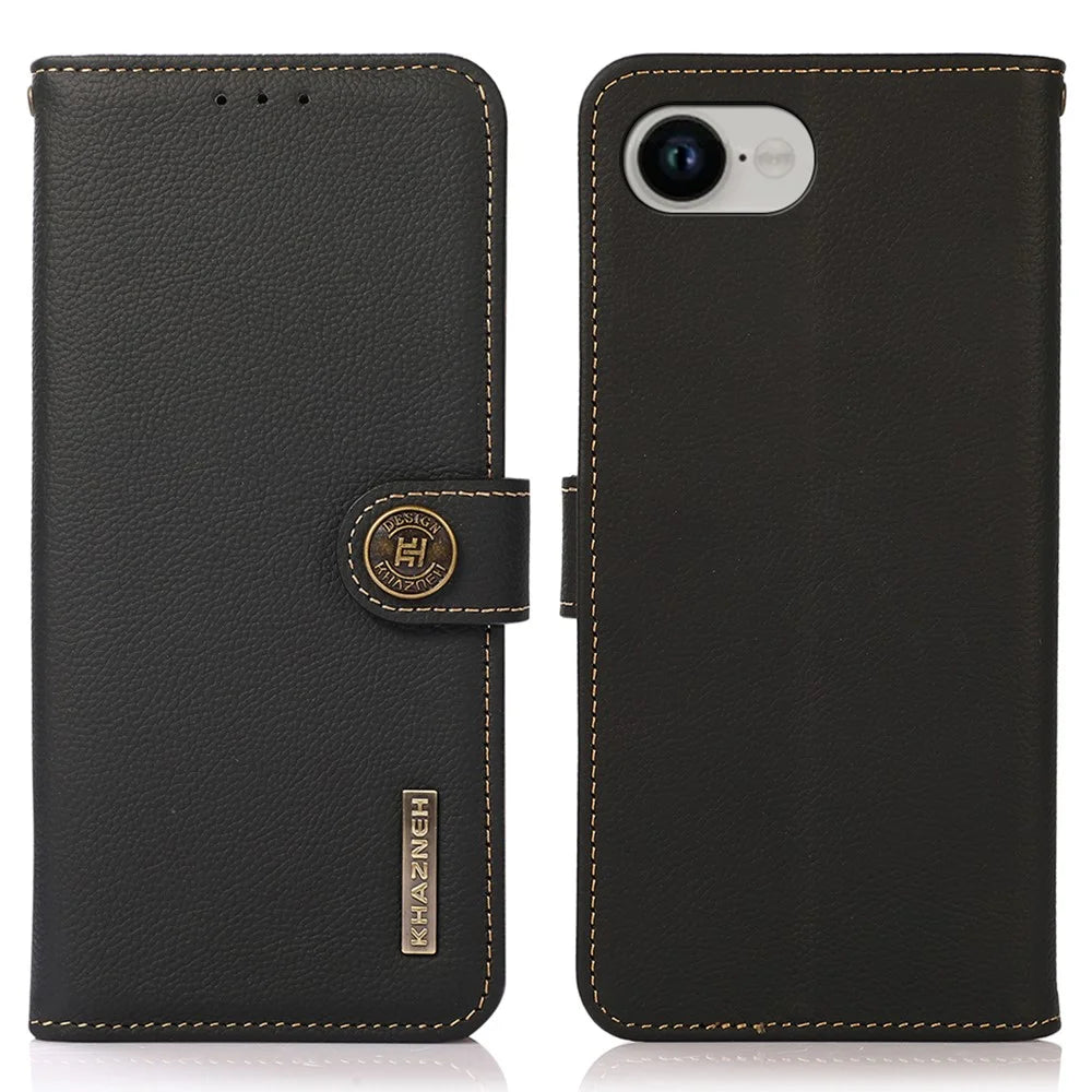 KHAZNEH for iPhone 17e / 16e Case Genuine Cow Leather RFID Blocking Wallet Phone Cover - Black - 1