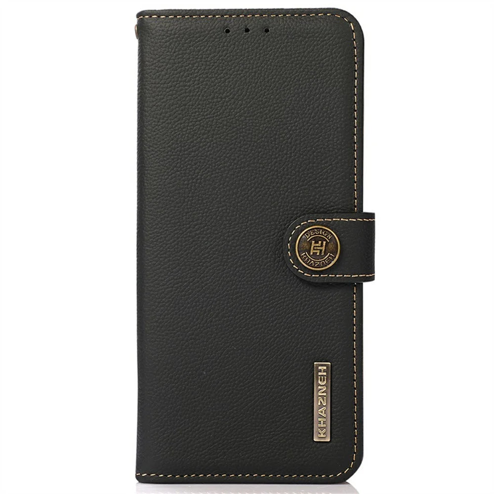 KHAZNEH for iPhone 17e / 16e Case Genuine Cow Leather RFID Blocking Wallet Phone Cover - Black - 7
