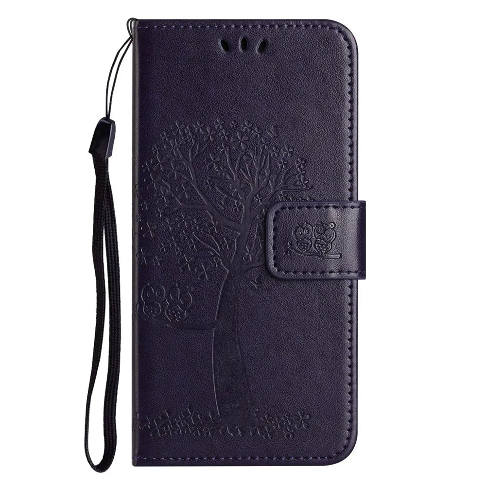 For iPhone 17e / 16e Case PU Leather Owl Tree Imprinted Wallet Phone Cover - Dark Purple - 5