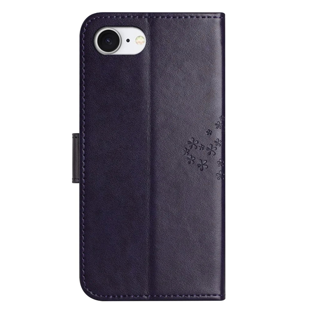 For iPhone 17e / 16e Case PU Leather Owl Tree Imprinted Wallet Phone Cover - Dark Purple - 6