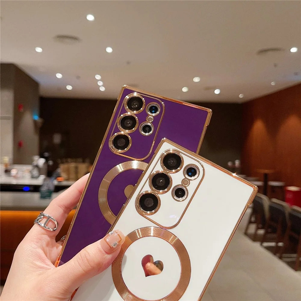 For Samsung Galaxy S25 Ultra Side Electroplate Heart Pattern Case Compatible with Magsafe TPU Phone Cover with Wrist Chain - Purple - 5