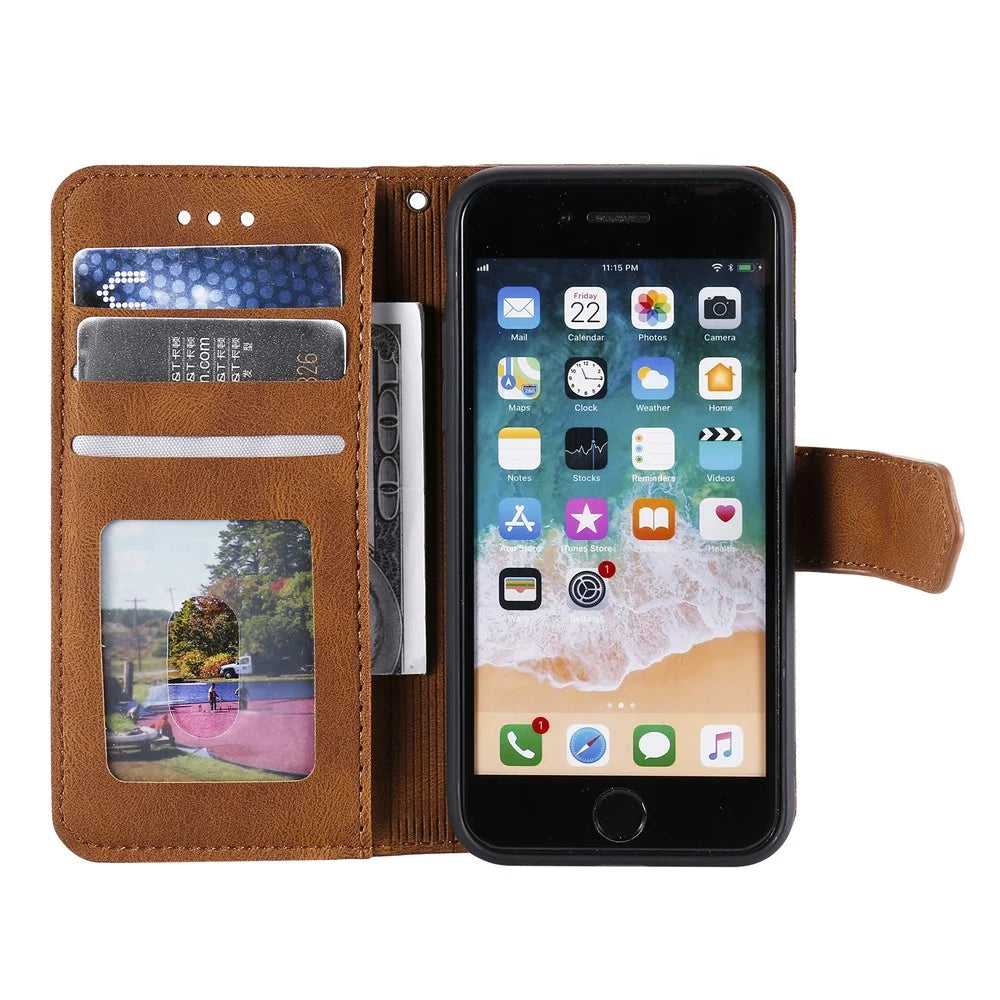 For iPhone 17e / 16e Leather Case Splicing Stitching Wallet Phone Cover with Wrist Strap - Brown - 2