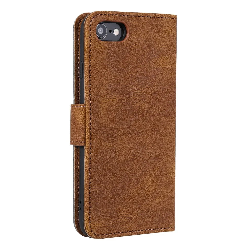For iPhone 17e / 16e Leather Case Splicing Stitching Wallet Phone Cover with Wrist Strap - Brown - 7