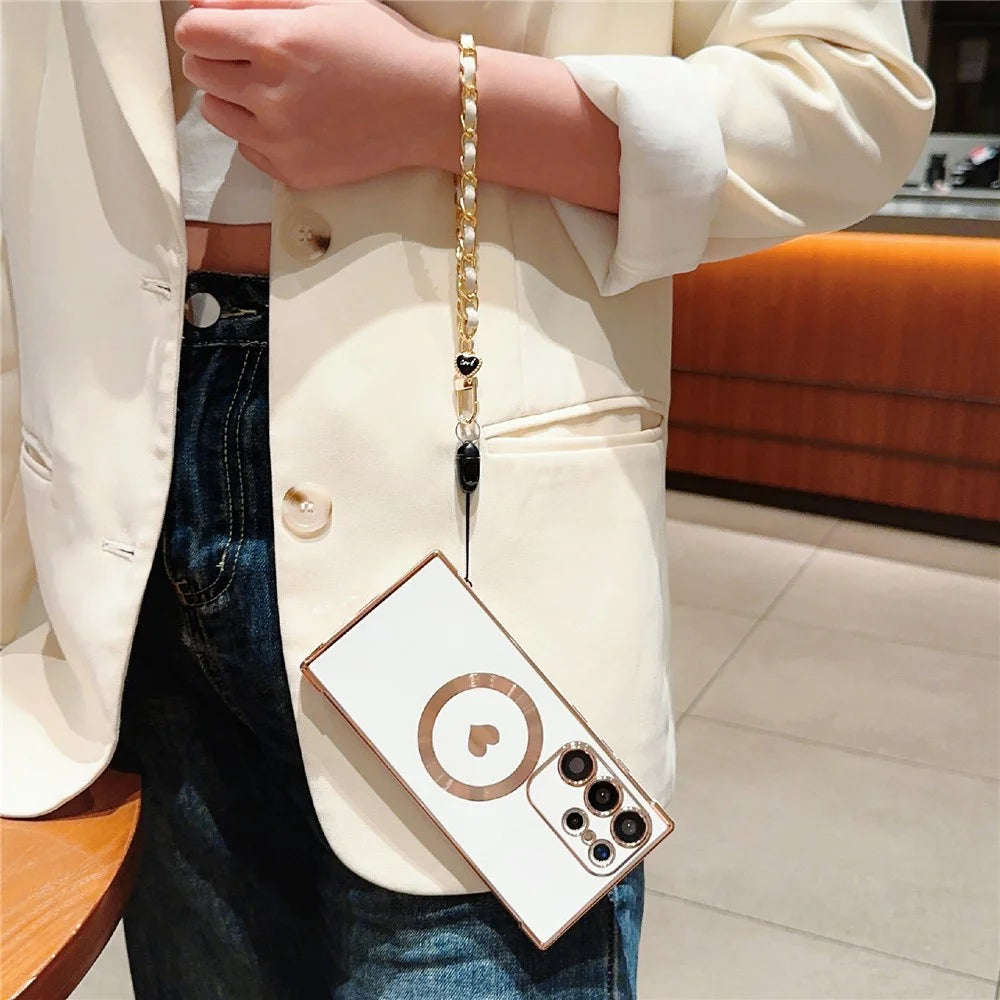 For Samsung Galaxy S25 Ultra Magnetic Case Love Heart Electroplated Soft TPU Cover with Hand Strap Chain - Ivory White - 4
