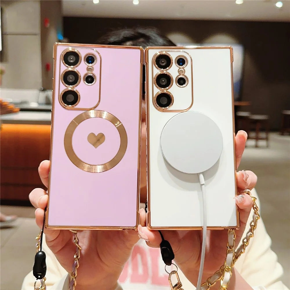 For Samsung Galaxy S25 Ultra Magnetic Case Love Heart Electroplated Soft TPU Cover with Hand Strap Chain - Ivory White - 5