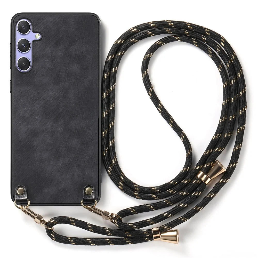 For Samsung Galaxy A56 5G Case Retro Texture Leather Coated PC + TPU Phone Cover with Hanging Rope - Black - 2
