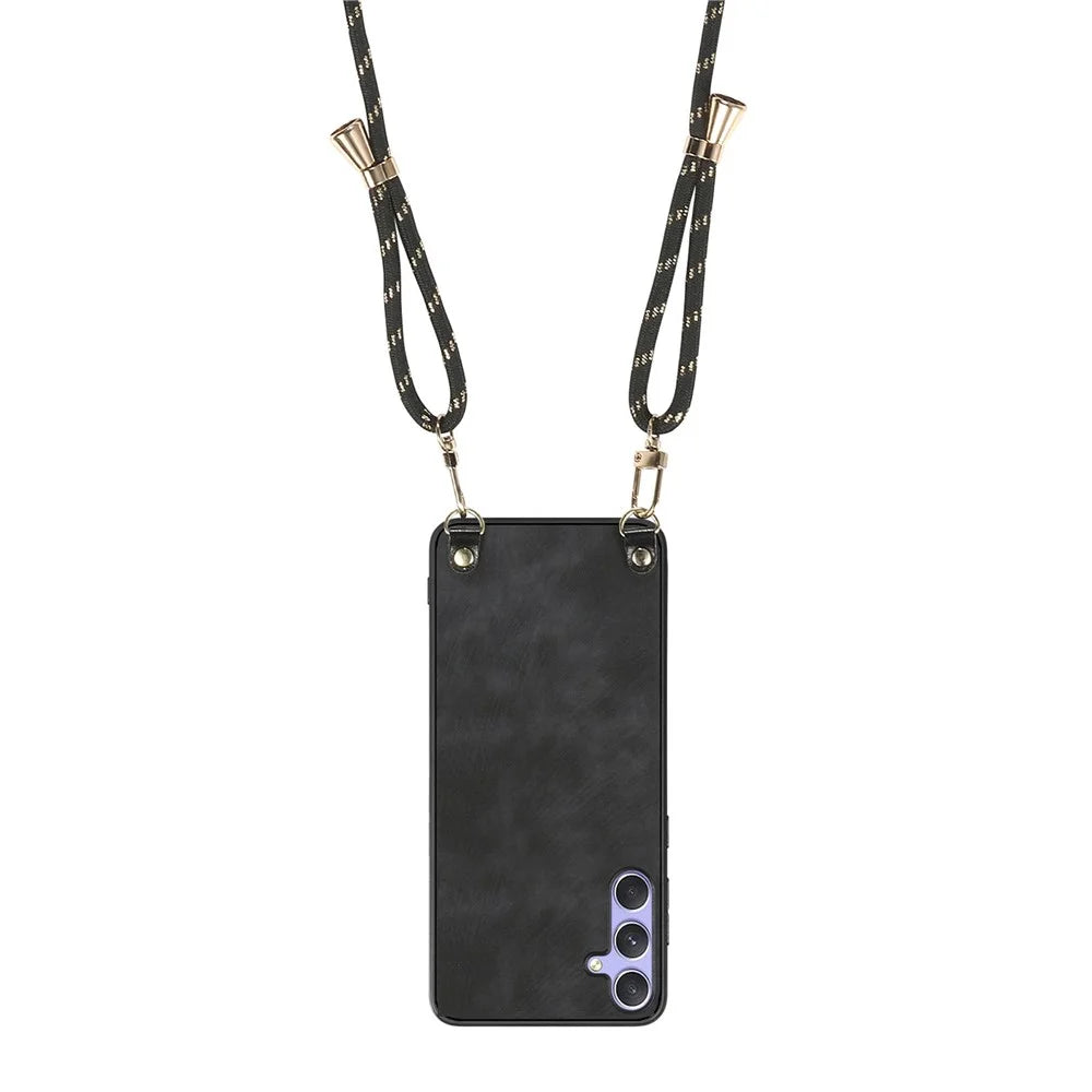 For Samsung Galaxy A56 5G Case Retro Texture Leather Coated PC + TPU Phone Cover with Hanging Rope - Black - 3