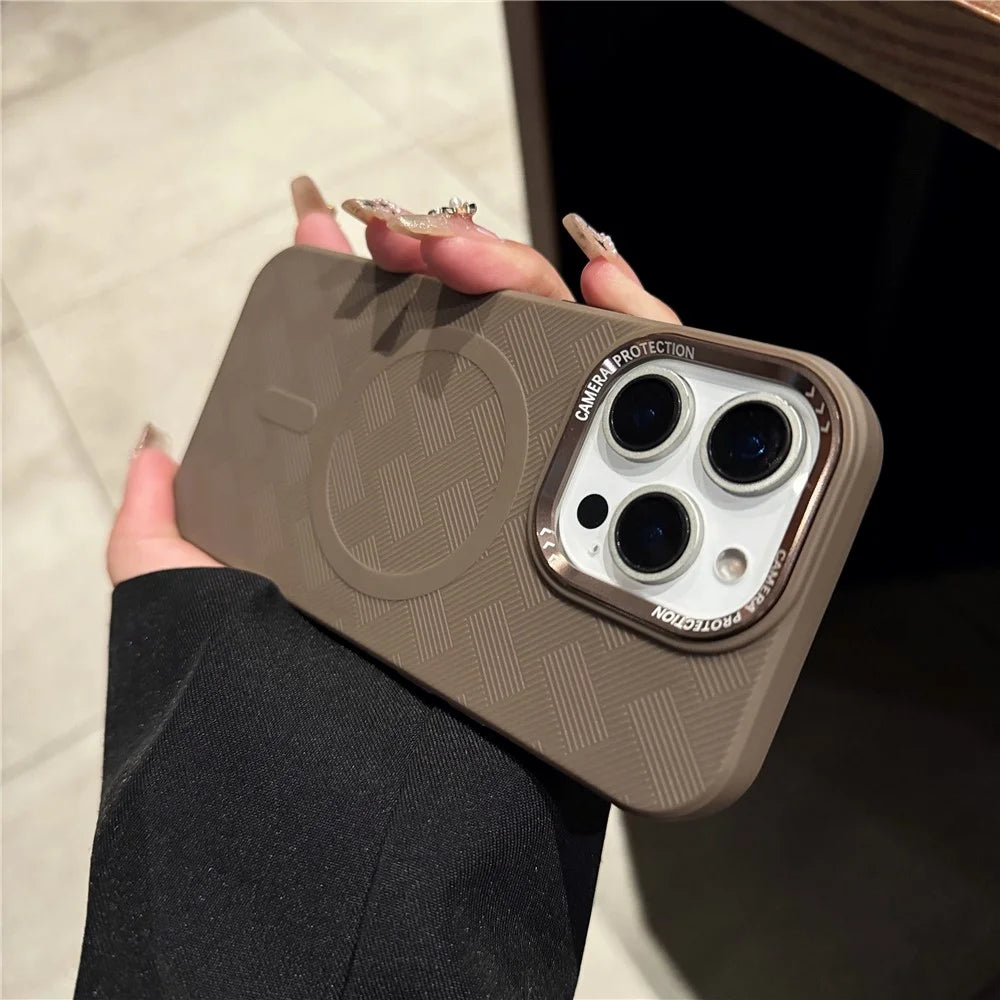 For iPhone 16 Pro Case Compatible with MagSafe Metal Lens Frame Anti Drop TPU Phone Cover - Coffee - 3
