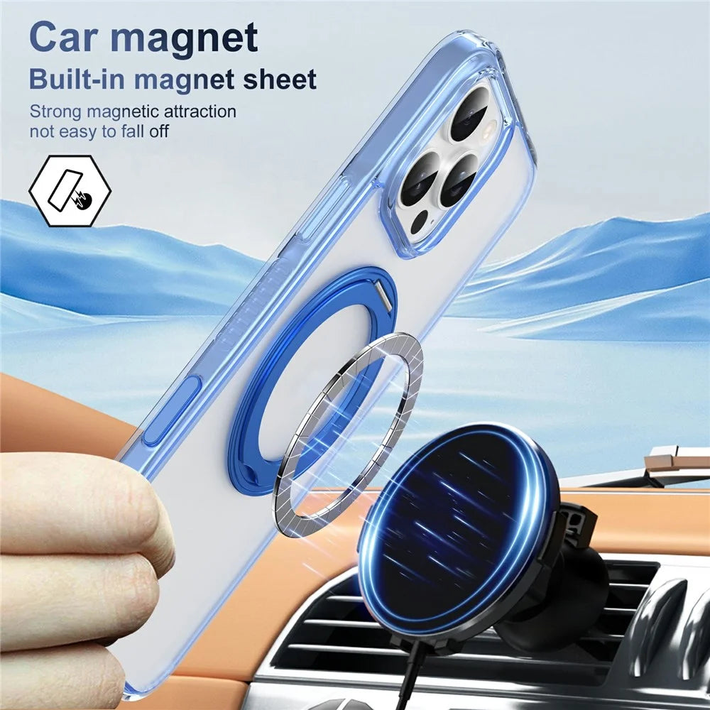 For iPhone 16 Pro Max Case Rotating Kickstand  PC + TPU Magnetic Phone Cover with Camera Touch Control Button - Transparent Blue - 5