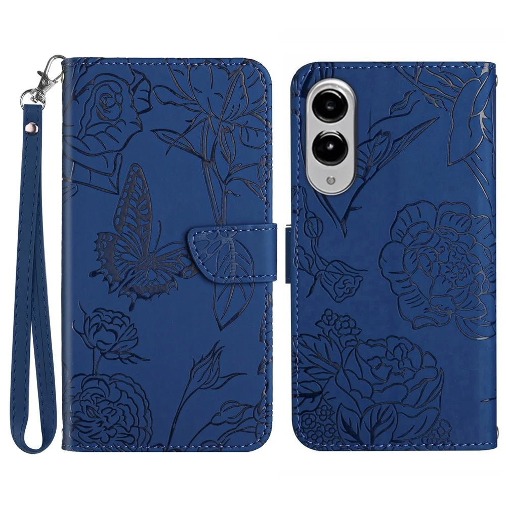 For Samsung Galaxy S25 Edge Case Butterfly Flower Imprinted Leather Phone Cover with Strap - Blue - 1