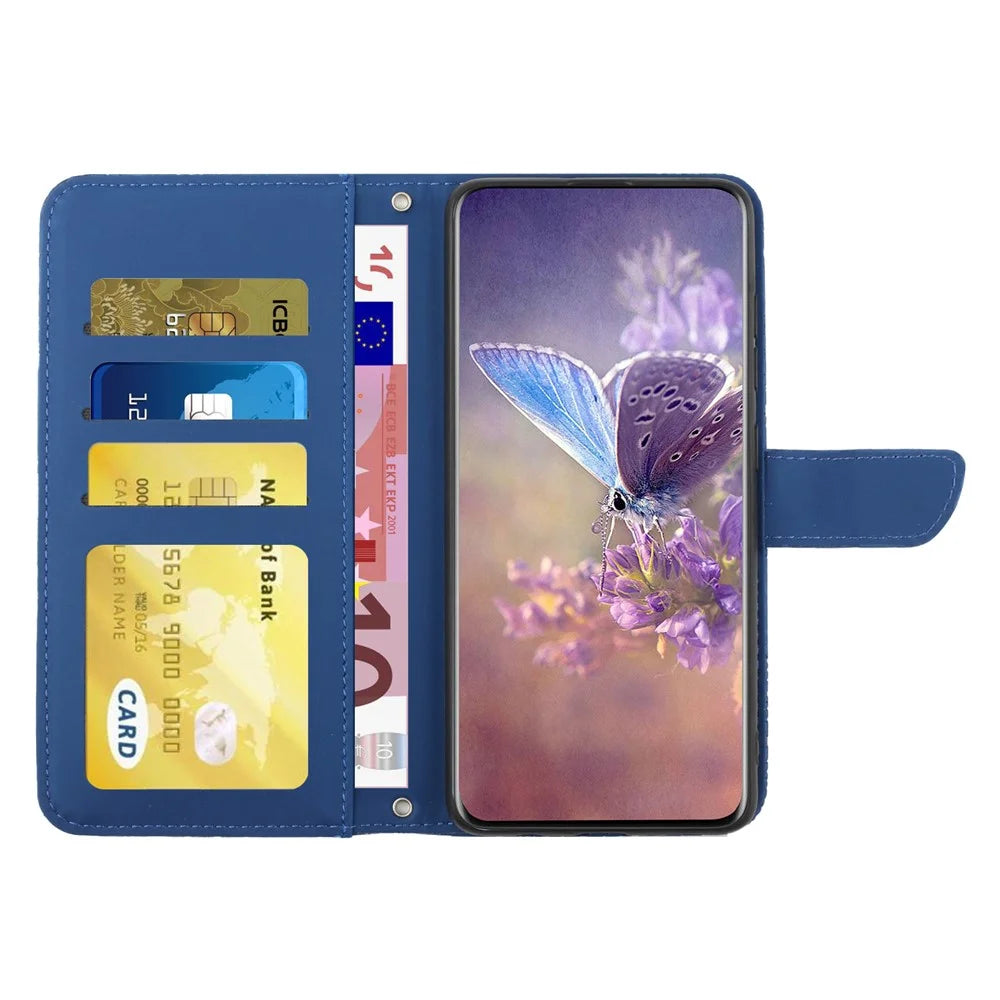For Samsung Galaxy S25 Edge Case Butterfly Flower Imprinted Leather Phone Cover with Strap - Blue - 2