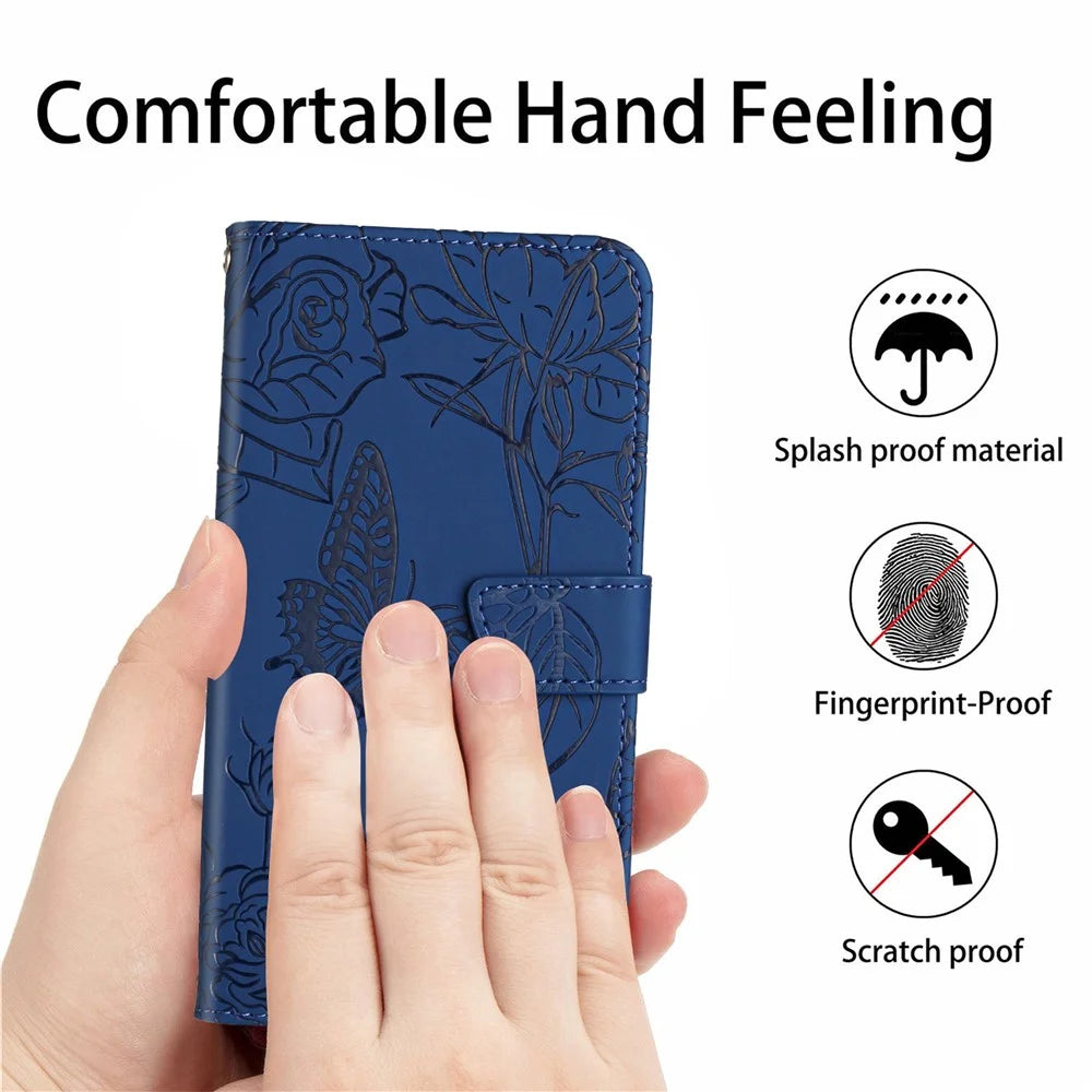 For Samsung Galaxy S25 Edge Case Butterfly Flower Imprinted Leather Phone Cover with Strap - Blue - 5