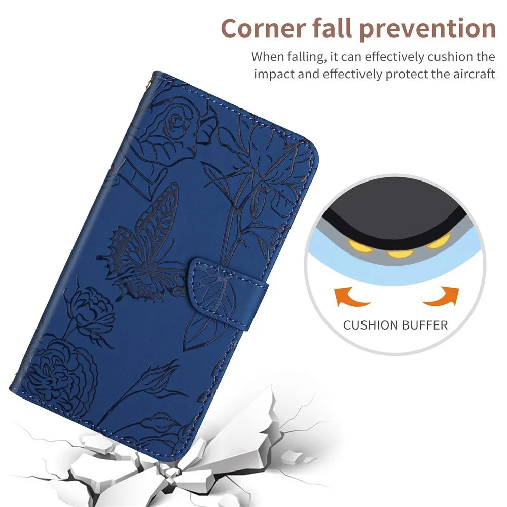 For Samsung Galaxy S25 Edge Case Butterfly Flower Imprinted Leather Phone Cover with Strap - Blue - 6