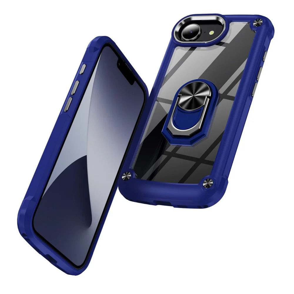 For iPhone 17e / 16e Case Alloy Lens Frame PC + TPU Kickstand Phone Back Cover - Blue  /  Black - 2