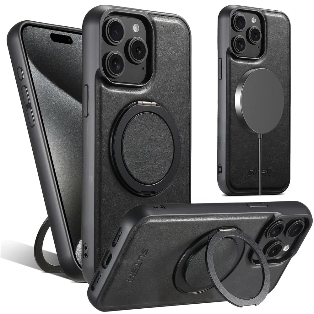 SUTENI G3 For iPhone 15 Pro Case Compatible with MagSafe Waxy Texture Rotating Kickstand Leather Phone Back Cover - Black - 1