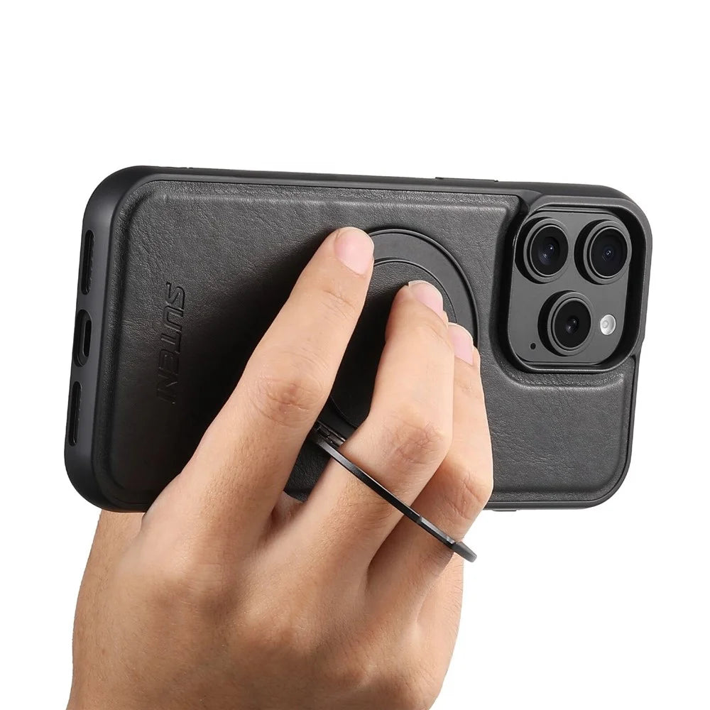 SUTENI G3 For iPhone 15 Pro Case Compatible with MagSafe Waxy Texture Rotating Kickstand Leather Phone Back Cover - Black - 3