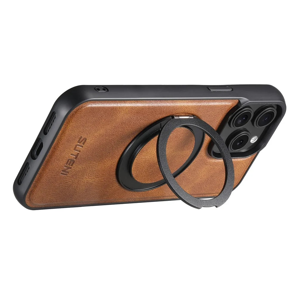 SUTENI G3 For iPhone 15 Pro Max Case Compatible with MagSafe Waxy Texture Rotating Kickstand Leather Phone Back Cover - Brown - 2