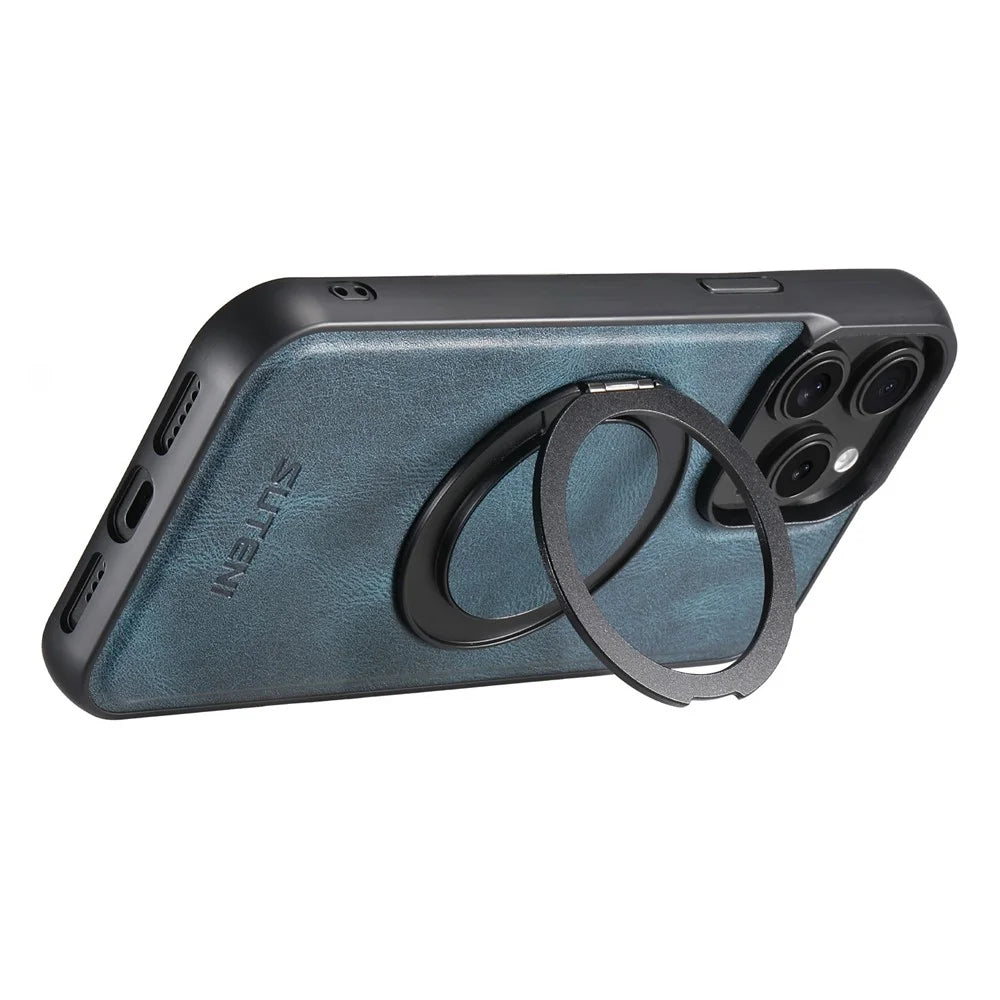 SUTENI G3 For iPhone 14 Pro Case Compatible with MagSafe Waxy Texture Rotating Kickstand Leather Phone Back Cover - Blue - 2