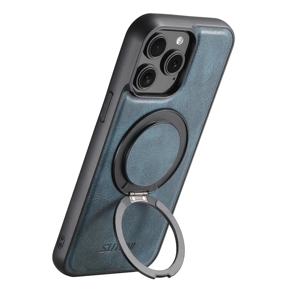 SUTENI G3 For iPhone 14 Pro Case Compatible with MagSafe Waxy Texture Rotating Kickstand Leather Phone Back Cover - Blue - 3