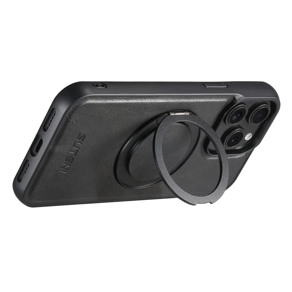 SUTENI G3 For iPhone 14 Pro Max Case Compatible with MagSafe Waxy Texture Rotating Kickstand Leather Phone Back Cover - Black - 2
