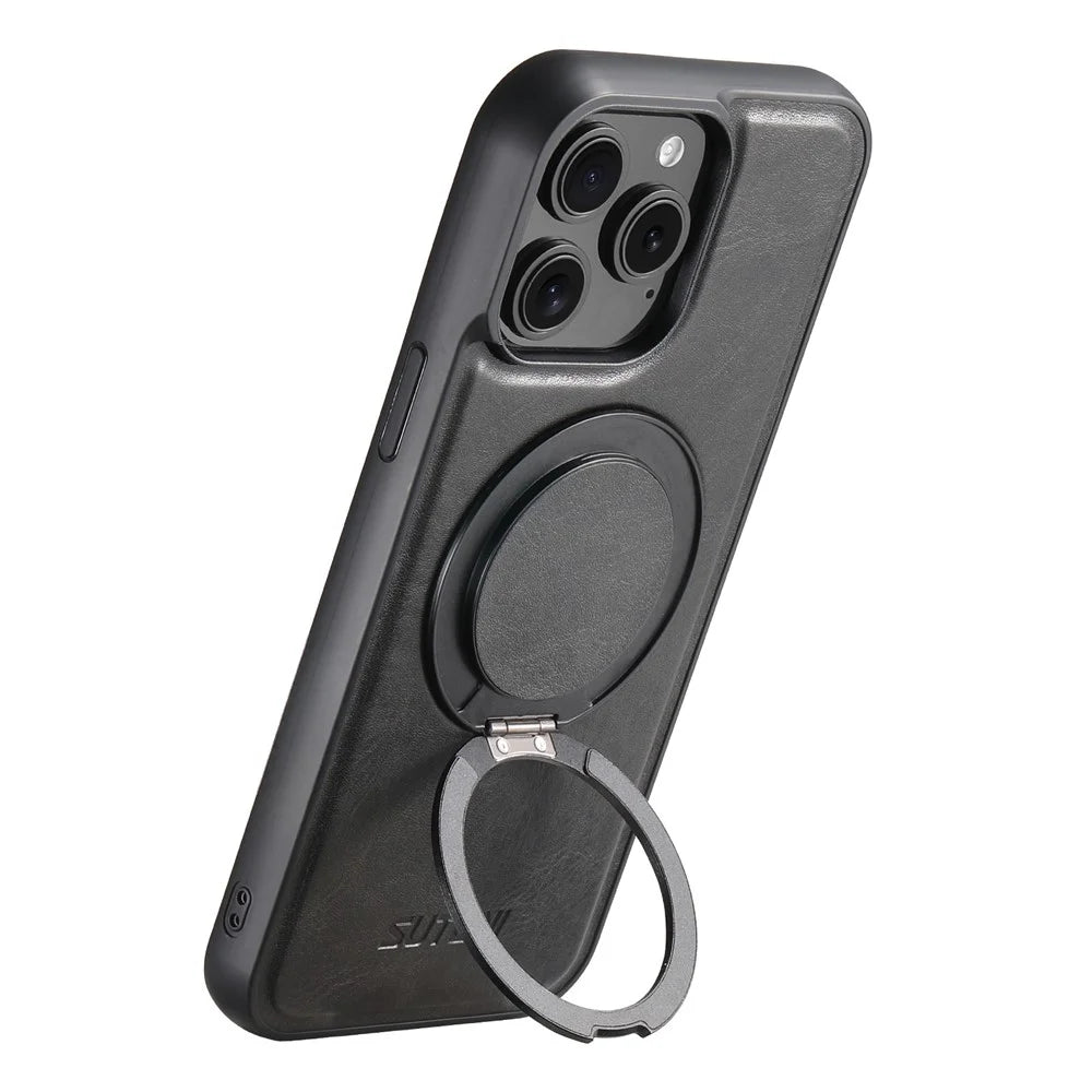 SUTENI G3 For iPhone 13 Pro Case Compatible with MagSafe Waxy Texture Rotating Kickstand Leather Phone Back Cover - Black - 3