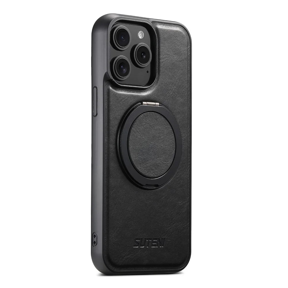 SUTENI G3 For iPhone 13 Pro Case Compatible with MagSafe Waxy Texture Rotating Kickstand Leather Phone Back Cover - Black - 4