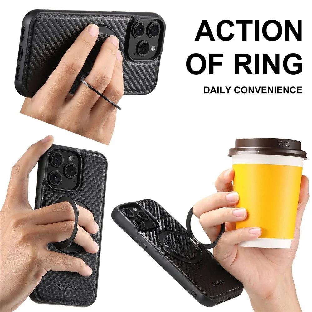 SUTENI G3 For iPhone 12 / 12 Pro Magnetic Case Rotating Kickstand Carbon Fiber Texture Leather Phone Back Cover - 3