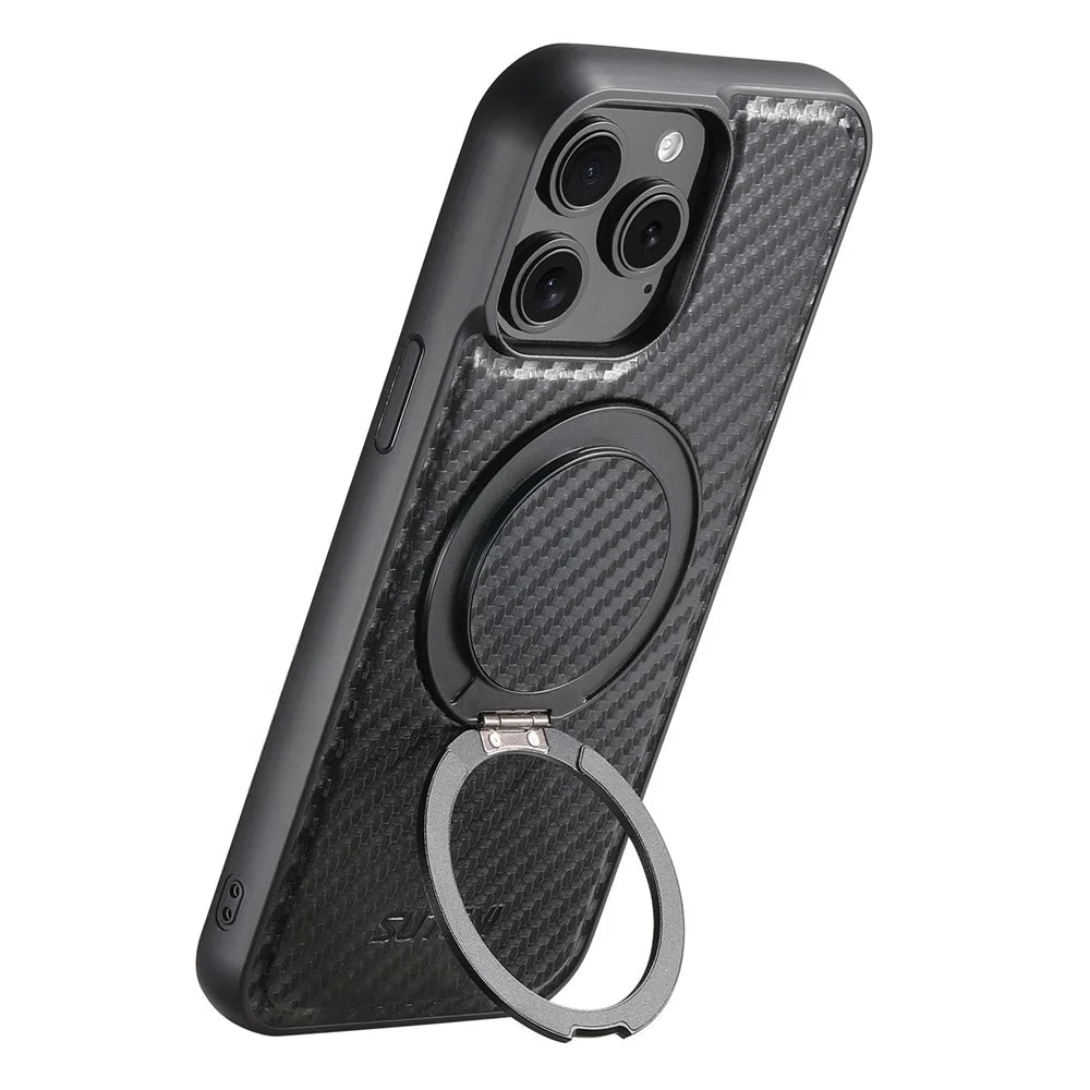 SUTENI G3 For iPhone 12 / 12 Pro Magnetic Case Rotating Kickstand Carbon Fiber Texture Leather Phone Back Cover - 4