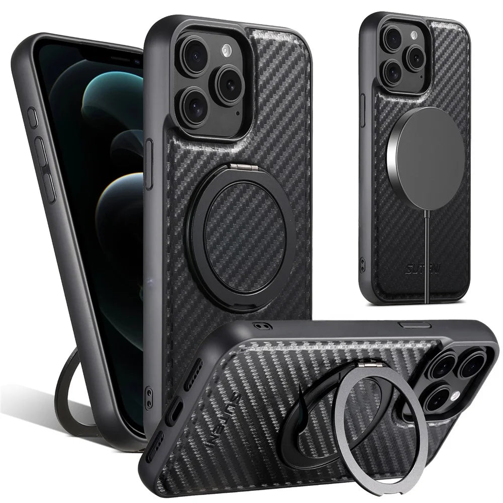 SUTENI G3 For iPhone 12 Pro Max Magnetic Case Rotating Kickstand Carbon Fiber Texture Leather Phone Back Cover - 1