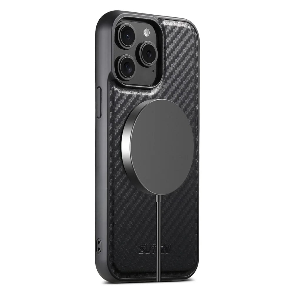 SUTENI G3 For iPhone 12 Pro Max Magnetic Case Rotating Kickstand Carbon Fiber Texture Leather Phone Back Cover - 7