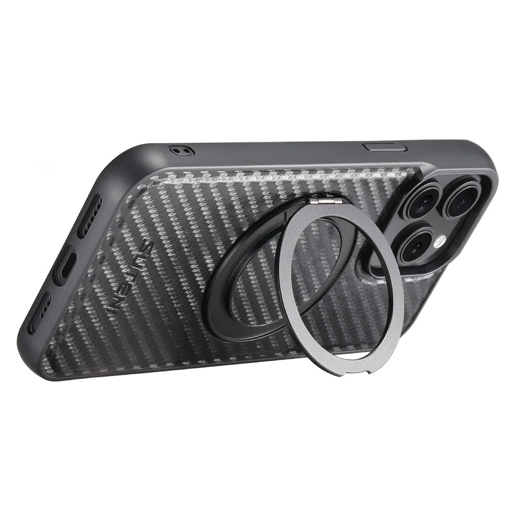 SUTENI G3 For iPhone 15 Pro Magnetic Case Rotating Kickstand Carbon Fiber Texture Leather Phone Back Cover - 2