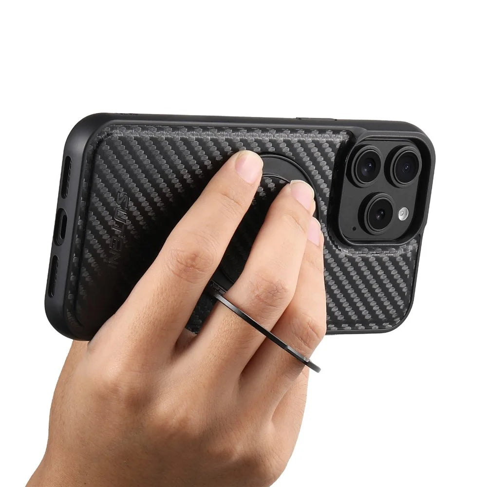 SUTENI G3 For iPhone 15 Pro Magnetic Case Rotating Kickstand Carbon Fiber Texture Leather Phone Back Cover - 6