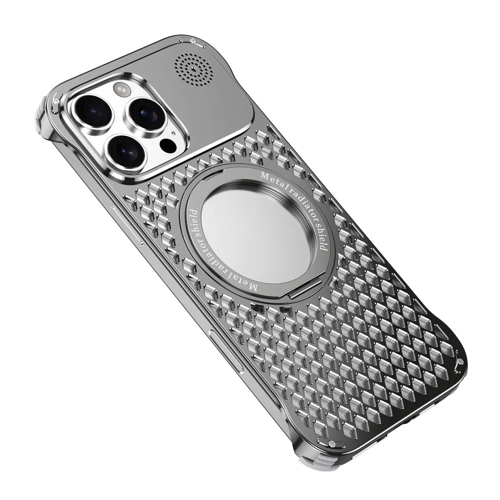 R-JUST RJ64 For iPhone 16 Pro Max Magnetic Case Aluminum Alloy Perfume Cooling Phone Cover with Rotating Kickstand - Titanium - 1