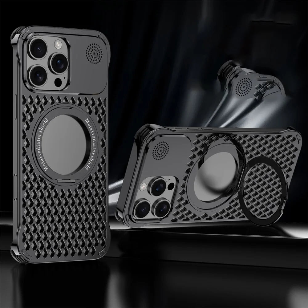 R-JUST RJ64 For iPhone 16 Pro Magnetic Case Aluminum Alloy Perfume Cooling Phone Cover with Rotating Kickstand - Black - 2