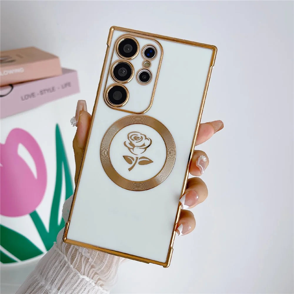 For Samsung Galaxy S25 Ultra Magnetic Case Rose Flower Electroplated TPU Phone Cover - Ivory White - 2