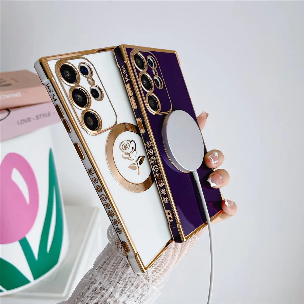 For Samsung Galaxy S25 Ultra Magnetic Case Rose Flower Electroplated TPU Phone Cover - Ivory White - 5