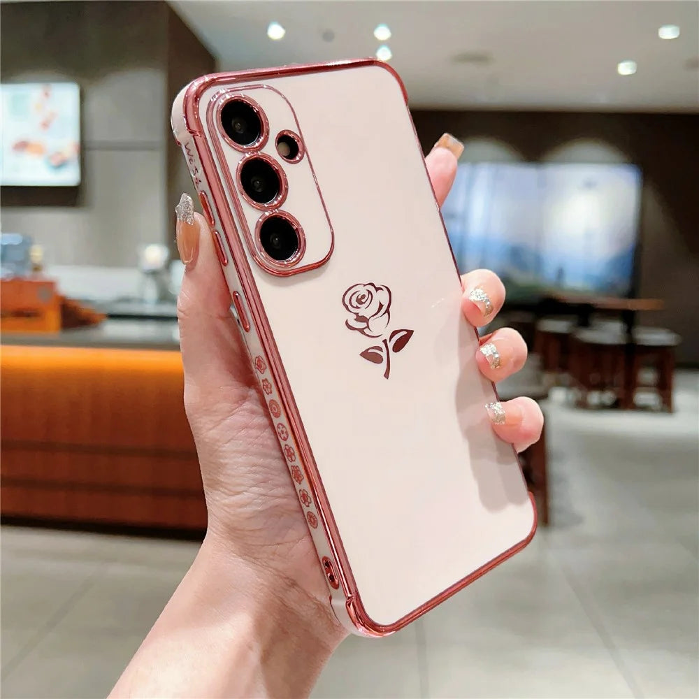 For Samsung Galaxy A16 5G / A16 4G Case Electroplating Edge Rose Pattern TPU Phone Back Cover Airbag Drop Proof - Rose Pink - 1