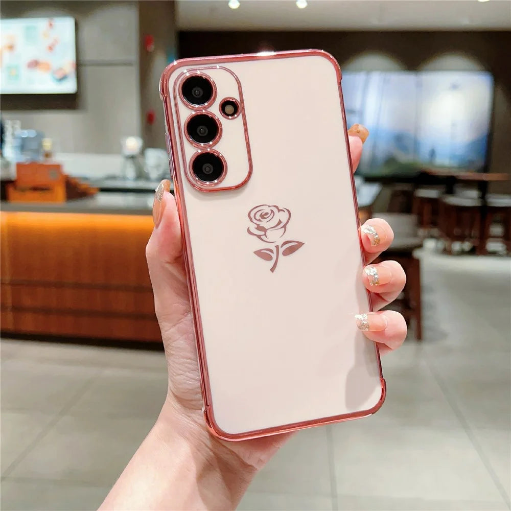 For Samsung Galaxy A16 5G / A16 4G Case Electroplating Edge Rose Pattern TPU Phone Back Cover Airbag Drop Proof - Rose Pink - 2