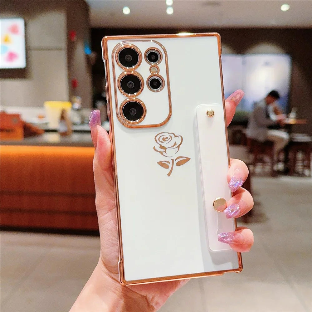 For Samsung Galaxy S25 Ultra Case with Strap Kickstand Rose Flower Electroplated TPU Phone Cover - Ivory White - 3