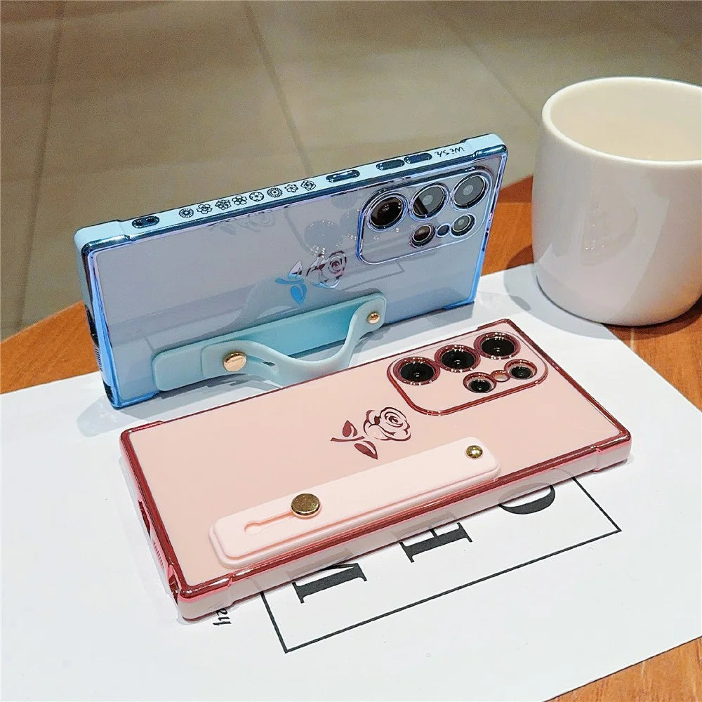 For Samsung Galaxy S25 Ultra Case with Strap Kickstand Rose Flower Electroplated TPU Phone Cover - Ivory White - 4