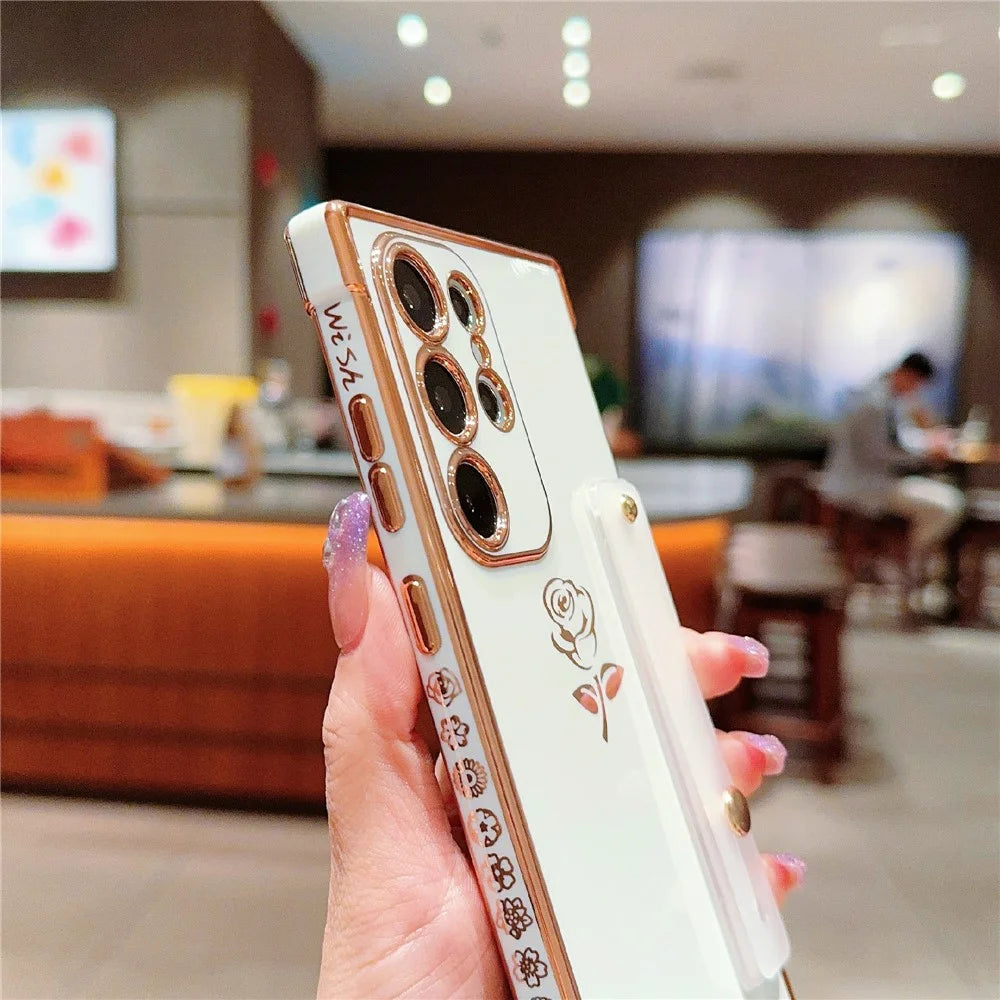 For Samsung Galaxy S25 Ultra Case with Strap Kickstand Rose Flower Electroplated TPU Phone Cover - Ivory White - 7