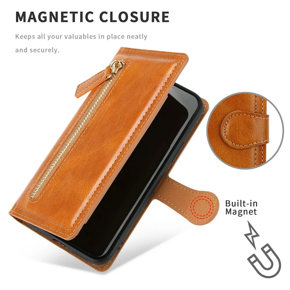 For Samsung Galaxy A16 5G / A16 4G Case Zipper Flip Leather Phone Cover with Card Holder - Orange - 6