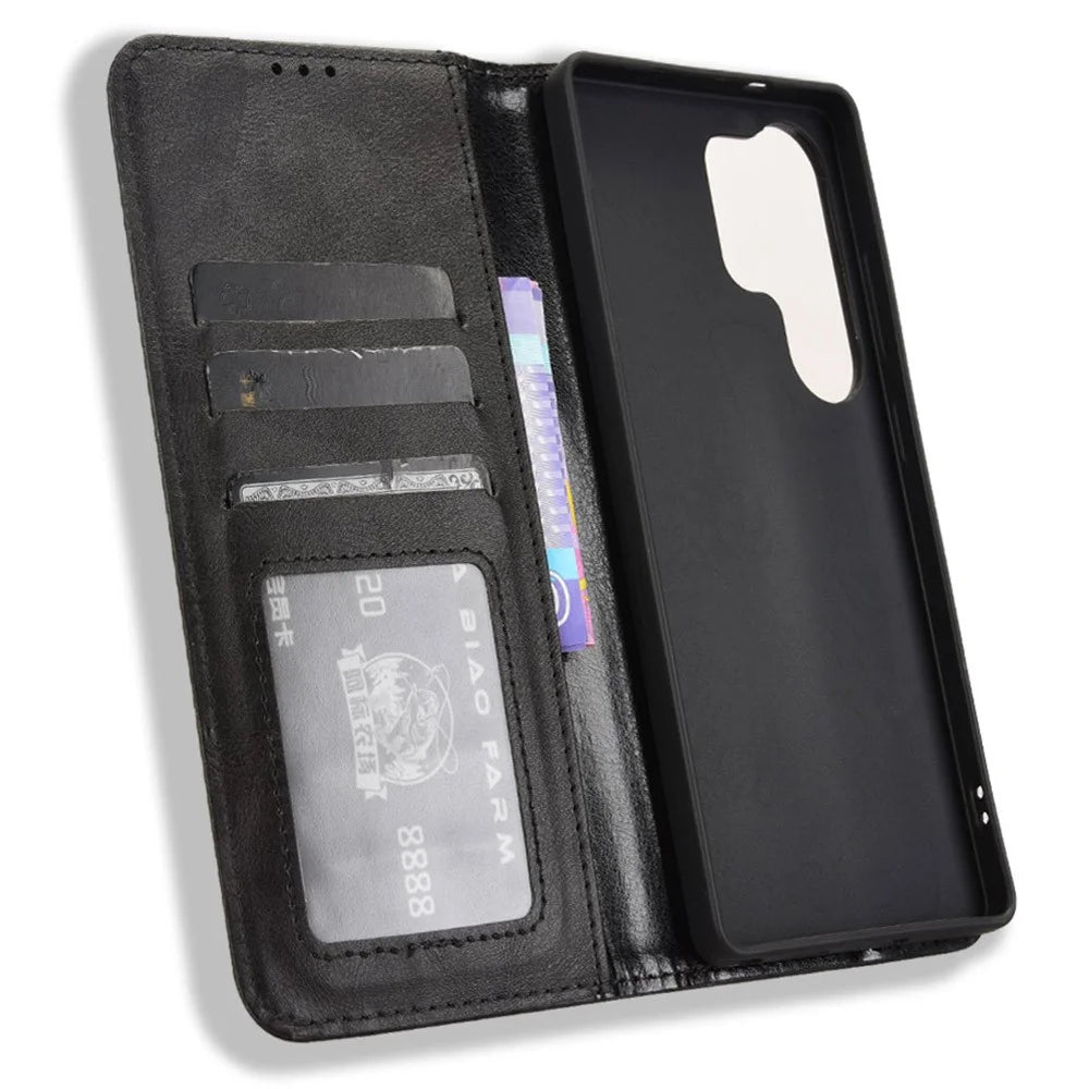 For Samsung Galaxy S25 Ultra Case Wallet Stand Retro Texture Leather Phone Cover - Black - 4